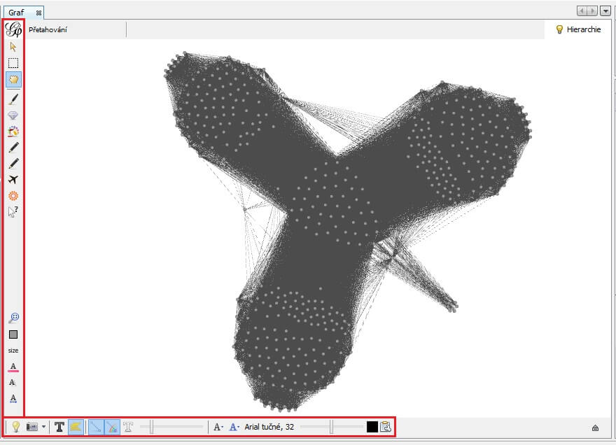 Mírně začištěný graf a pomocné funkce v Gephi