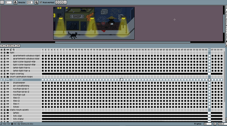 Pixel art příprava animace Kočičí uličky
